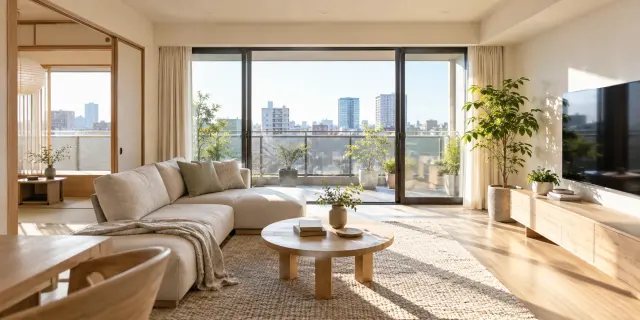 Helles japanisches Wohnzimmer mit Tageslicht